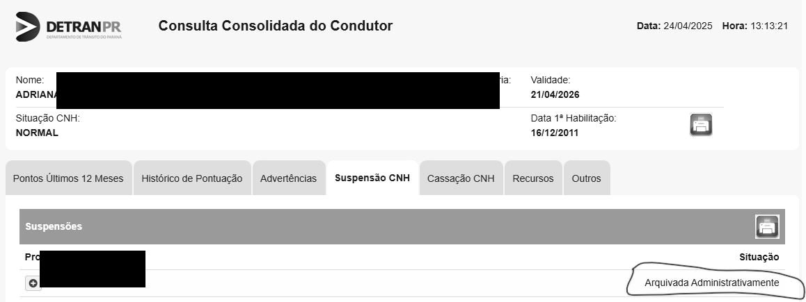 Caso de êxito Cascavel-PR - Suspensão de CNH arquivada no DETRAN